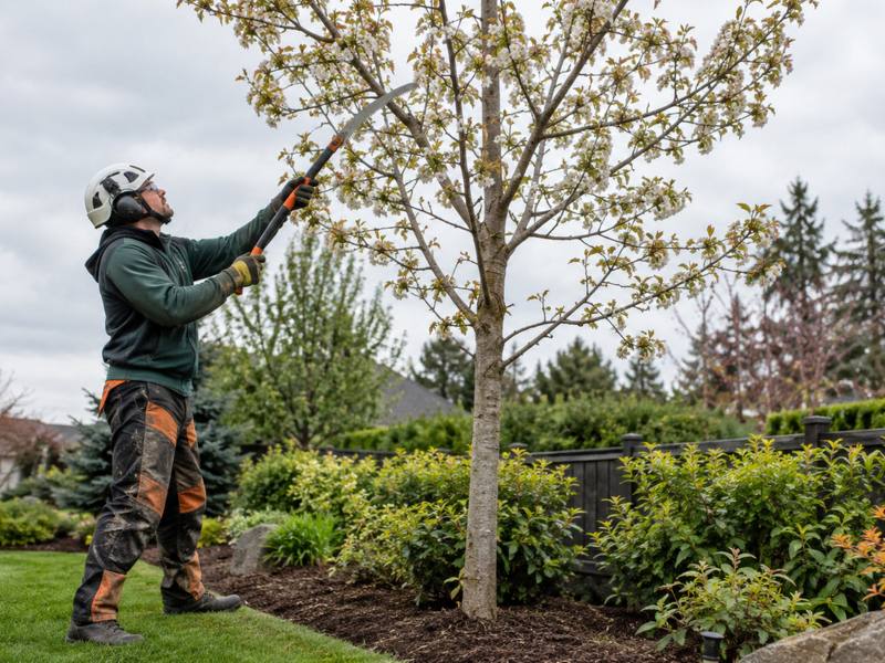 A Lawrence Park Tree Service crew member assessing a mature tree's canopy