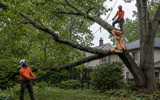 Broken limb hanging over a driveway, rigged before removal