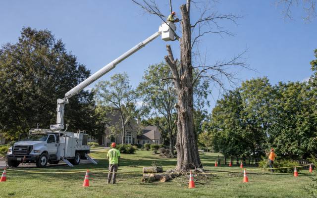 Crew lowering a large cut section from an aging tree during removal